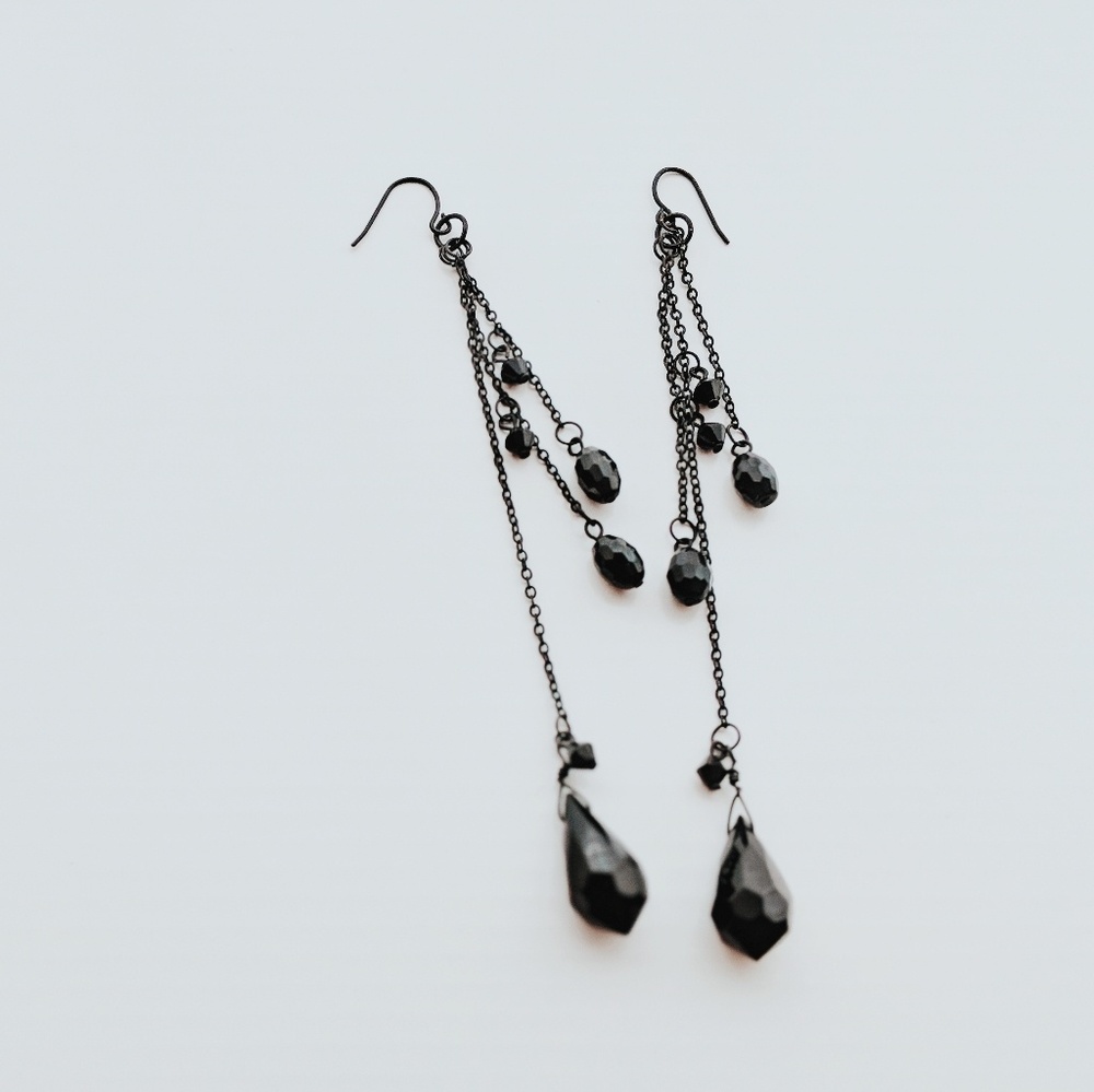 Black Glass Bead Triple-Chain Drop Earrings – Extra Long, Elegant, Formal